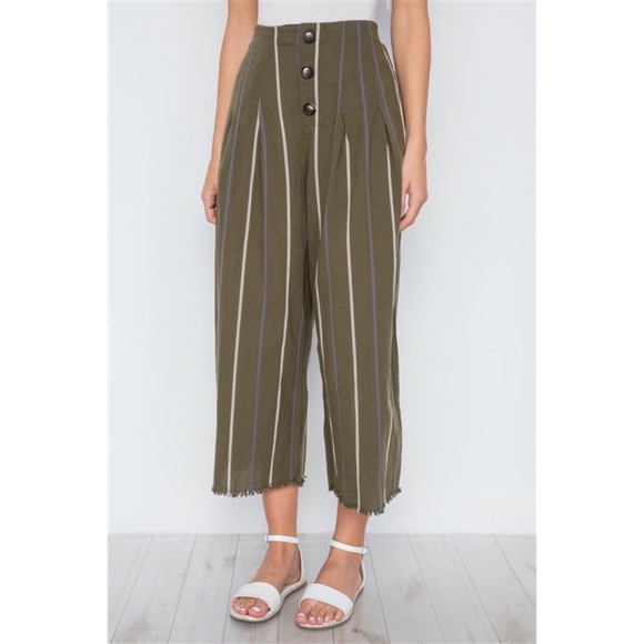 OLIVE STRIPE HIGH-WAIST WIDE LEG BOHO PANTS - Picture 3 of 5